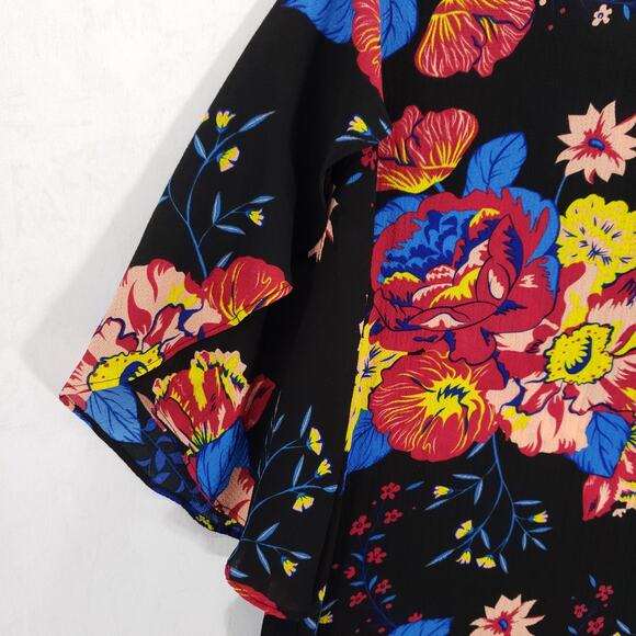 Violet & Claire Blouse Women Medium Black MultiFloral Ruffle Sleeve Keyhole Back - Picture 7 of 12